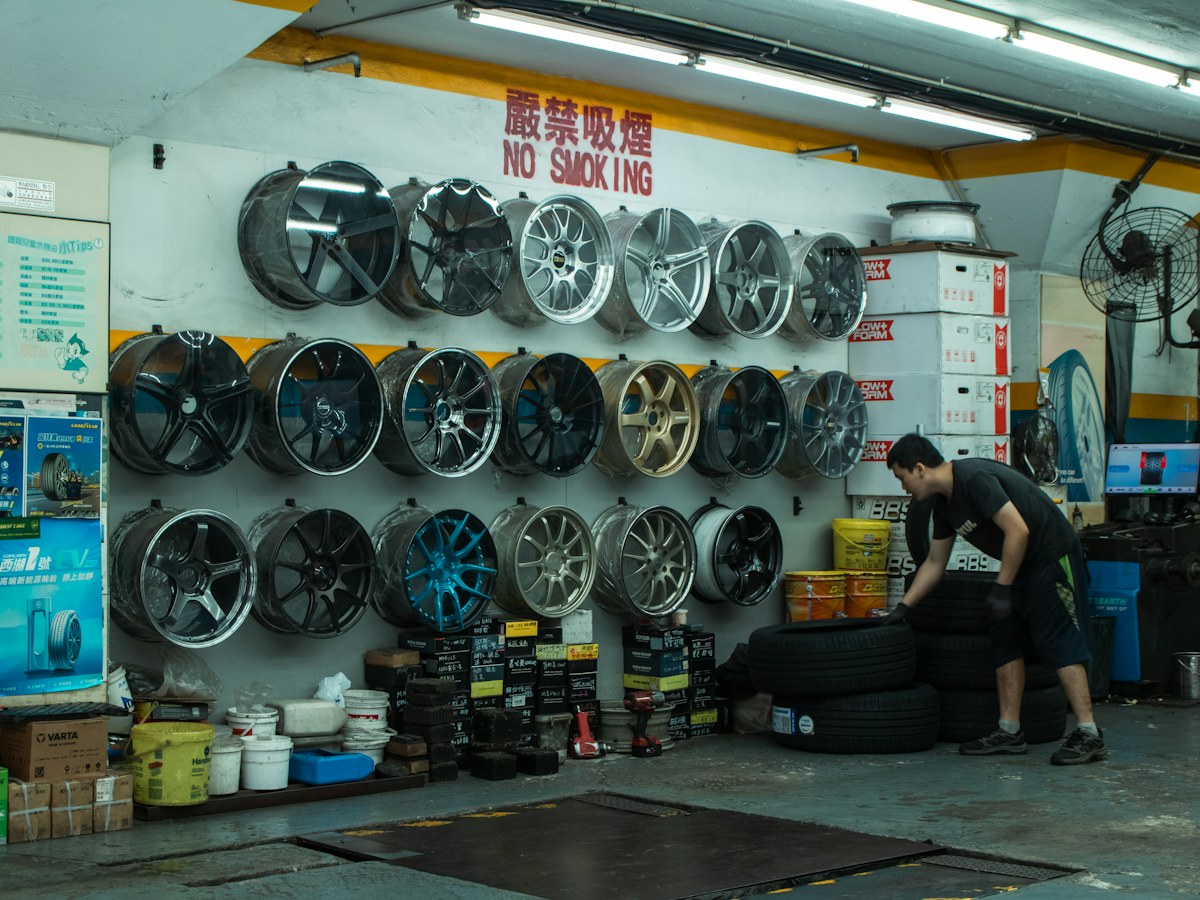 Automotive tires in a repair shop